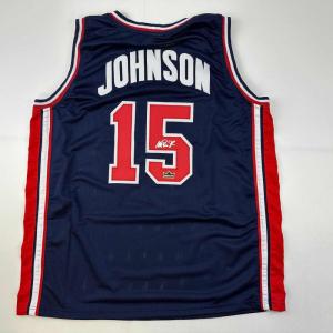imageFacsimile Autographed Earvin Magic Johnson United States Team USA Olympics Blue Reprint Laser Auto Basketball Jersey Size Mens XL