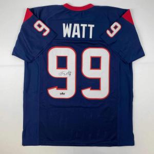 imageFacsimile Autographed JJ JJ Watt Houston Blue Reprint Laser Auto Football Jersey Size Mens XL