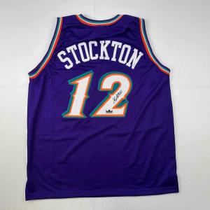 imageFacsimile Autographed John Stockton Utah Purple Reprint Laser Auto Basketball Jersey Size Mens XL