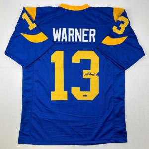 imageFacsimile Autographed Kurt Warner St Louis Royal Blue Retro Reprint Laser Auto Football Jersey Size Mens XL