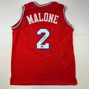 imageFacsimile Autographed Moses Malone Philadelphia Red Reprint Laser Auto Basketball Jersey Size Mens XL