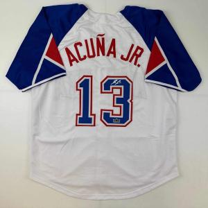 imageFacsimile Autographed Ronald Acuna Jr Atlanta White Reprint Laser Auto Baseball Jersey Size Mens XL