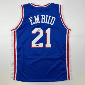 imageFacsimile Autographed Joel Embiid Philadelphia Blue Reprint Laser Auto Basketball Jersey Size Mens XL