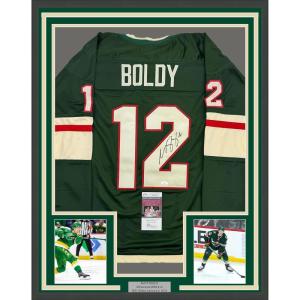 imageFramed AutographedSigned Matt Boldy 35x39 Minnesota Green Hockey Jersey JSA COA