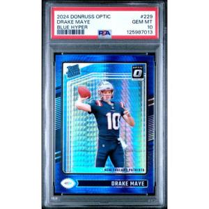 imageGraded 2024 Panini Donruss Optic Drake Maye 229 Blue Hyper Rookie RC Football Card PSA 10 Gem Mint