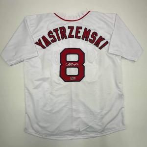 imageFacsimile Autographed Carl Yastrzemski Boston White Reprint Laser Auto Baseball Jersey Size Mens XL