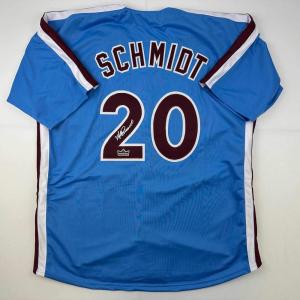 imageFacsimile Autographed Mike Schmidt Philadelphia Blue Retro Reprint Laser Auto Baseball Jersey Size Mens XL