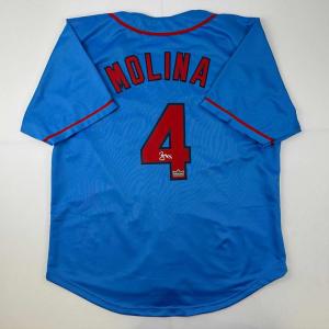 imageFacsimile Autographed Yadier Molina St Louis Blue Reprint Laser Auto Baseball Jersey Size Mens XL