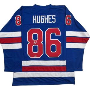 imageFacsimile Autographed Jack Hughes United States USA Blue 2026 Reprint Laser Auto Hockey Jersey Size Mens XL