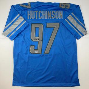 imageAutographedSigned Aidan Hutchinson Detroit Blue Football Jersey Beckett BAS COA