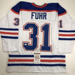 imageAutographedSigned Grant Fuhr Edmonton White Hockey Jersey JSA COA