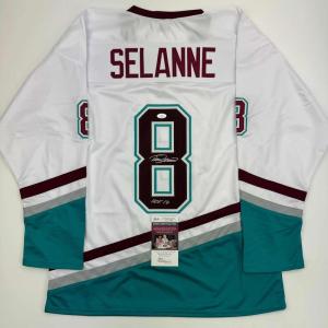 imageAutographedSigned Teemu Selanne HOF Anaheim White Retro Hockey Jersey JSA COA