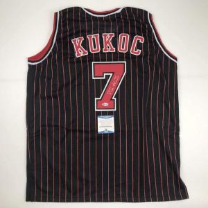 imageAutographedSigned Toni Kukoc Chicago Black Pinstripe Basketball Jersey Beckett BAS COA