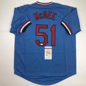 imageAutographedSigned Willie McGee St Louis Blue Baseball Jersey JSA COA