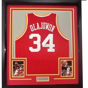 imageFramed AutographedSigned Hakeem Olajuwon 33x42 Houston Red Basketball Jersey Beckett BAS COA