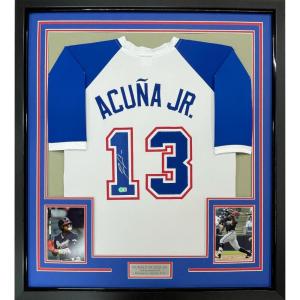 imageFramed AutographedSigned Ronald Acuna Jr 33x42 Atlanta White Retro Baseball Jersey Beckett BAS COA