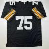 imageFacsimile Autographed Mean Joe Greene Pittsburgh Black Reprint Laser Auto Football Jersey Size Mens XL