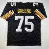 imageFacsimile Autographed Mean Joe Greene Pittsburgh Black Reprint Laser Auto Football Jersey Size Mens XL