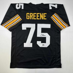imageFacsimile Autographed Mean Joe Greene Pittsburgh Black Reprint Laser Auto Football Jersey Size Mens XL