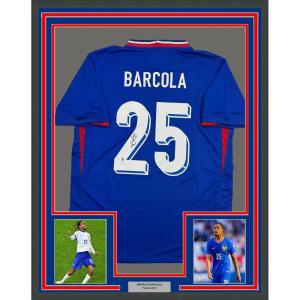imageFramed AutographedSigned Bradley Barcola 35x39 France French National Team Blue Soccer Jersey Beckett BAS COA