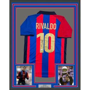 imageFramed AutographedSigned Rivaldo 35x39 Ferreira FC Barcelona Blue Soccer Jersey Beckett BAS COA