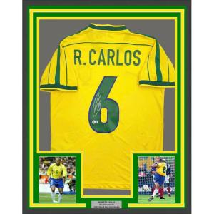 imageFramed AutographedSigned Roberto Carlos 35x39 Brazil Yellow Soccer Jersey Beckett BAS COA