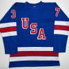 imageFacsimile Autographed Connor Hellebuyck United States USA Blue 2026 Reprint Laser Auto Hockey Jersey Size Mens XL