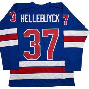 imageFacsimile Autographed Connor Hellebuyck United States USA Blue 2026 Reprint Laser Auto Hockey Jersey Size Mens XL