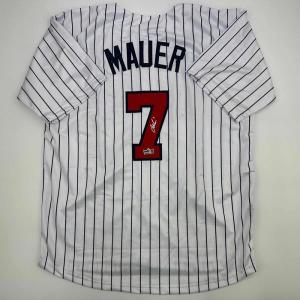 imageFacsimile Autographed Joe Mauer Minnesota Pinstripe Reprint Laser Auto Baseball Jersey Size Mens XL