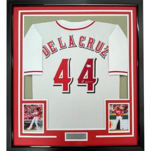 imageFramed AutographedSigned Elly De La Cruz 35x39 Cincinnati White Baseball Jersey Beckett BAS COA