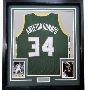 imageFramed AutographedSigned Giannis Antetokounmpo 33x42 Milwaukee Green Custom Basketball Jersey JSA COA