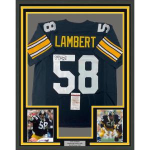 imageFramed AutographedSigned Jack Lambert 35x39 HOF 90 Pittsburgh Black Football Jersey JSA COA