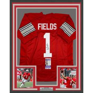 imageFramed AutographedSigned Justin Fields 33x42 Ohio State Red College Football Jersey JSA COA