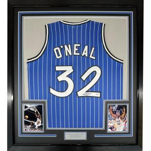 imageFramed AutographedSigned Shaquille Shaq ONeal 33x42 Orlando Blue Pinstripe Basketball Jersey Beckett BAS COA