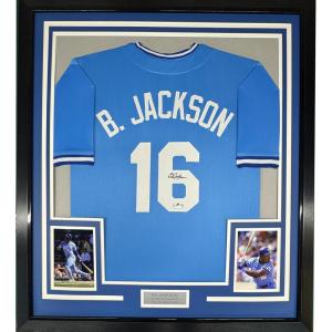 imageFramed Facsimile Autographed Bo Jackson 35x39 Kansas City Blue Reprint Laser Auto Baseball Jersey