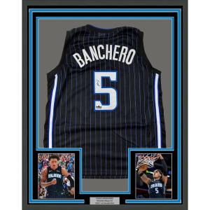 imageFramed Facsimile Autographed Paolo Banchero 35x39 Orlando Black Pinstripe Reprint Laser Auto Basketball Jersey