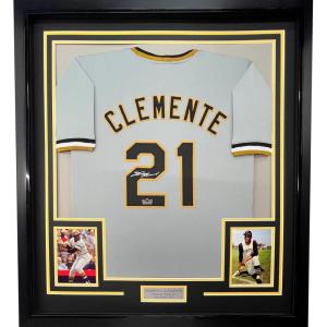 imageFramed Facsimile Autographed Roberto Clemente 35x39 Pittsburgh Grey Reprint Laser Auto Baseball Jersey