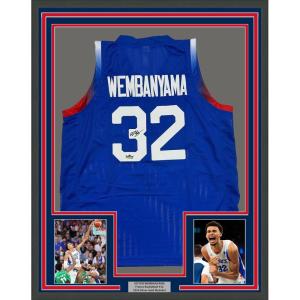 imageFramed Facsimile Autographed Victor Wembanyama 35x39 France Blue Reprint Laser Auto Basketball Jersey