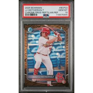 imageGraded 2025 Topps Bowman JJ Wetherholt BCP22 Chrome Prospects Reptilian Refractor Rookie RC Baseball Card PSA 10 Gem Mint