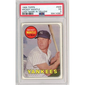 image:imageGraded 1969 Topps Mickey Mantle 500 Last Name in Yellow Baseball Card PSA 3 Very Good