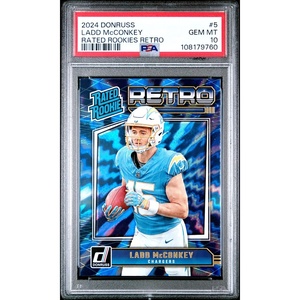 image:imageGraded 2024 Panini Donruss Ladd McConkey 5 Rated Rookies Retro Rookie RC Football Card PSA 10 Gem Mint