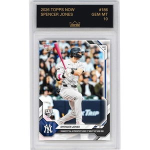 image:imageGraded 2026 Topps Now Spencer Jones 186 Yankees No 6 Prospect Logs 1st MLB Hit and RBI New York Yankees Rookie RC Baseball Card HOFSM 10 Gem Mint