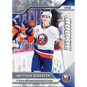 image:image2025 Topps Now Matthew Schaefer 126 2nd 18 Year Old Dman to Notch 50 Point Season New York Islanders Rookie RC Hockey Card