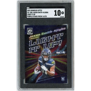 image:imageGraded 2023 Panini Donruss Optic Jaxon Smith Njigba LUJSN Light It Up Purple Stars Prizm 25 Rookie RC Football Card SGC 10 Gem Mint