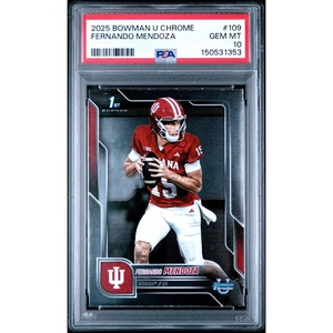 image:imageGraded 2025 Topps Bowman University Chrome Fernando Mendoza 109 Rookie RC Football Card PSA 10 Gem Mint