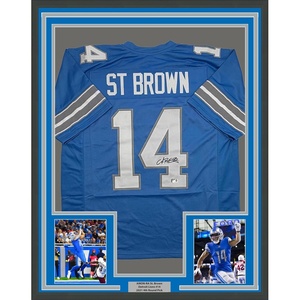 image:imageFramed AutographedSigned AmonRa St Brown 35x39 Detroit Current Blue Football Jersey Beckett BAS COA