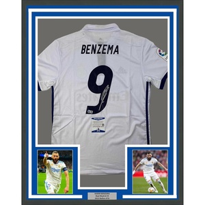 image:imageFramed AutographedSigned Karim Benzema 35x39 Real Madrid 201617 White Soccer Jersey Beckett BAS COA