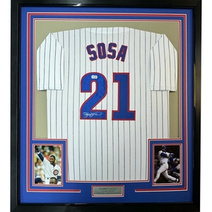 image:imageFramed AutographedSigned Sammy Sosa 33x42 Chicago Pinstripe Baseball Jersey Beckett BAS COA