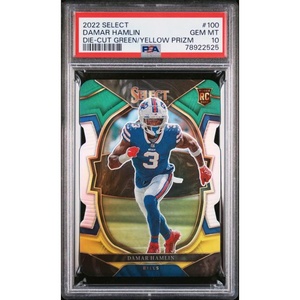 image:imageGraded 2022 Panini Select Damar Hamlin 100 DieCut GreenYellow Prizm Rookie RC Football Card PSA 10 Gem Mint
