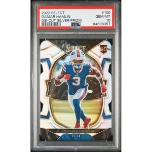 image:imageGraded 2022 Panini Select Damar Hamlin 100 DieCut Silver Prizm Rookie RC Football Card PSA 10 Gem Mint